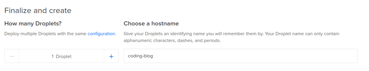 DigitalOcean Create Droplet Page - Choose a Name For the Server